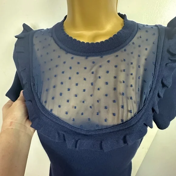 Draper James Ruffle Sheer Yoke Viscose A Line Sweater Dress Nassau Blue NWOT XS - Picture 10 of 16